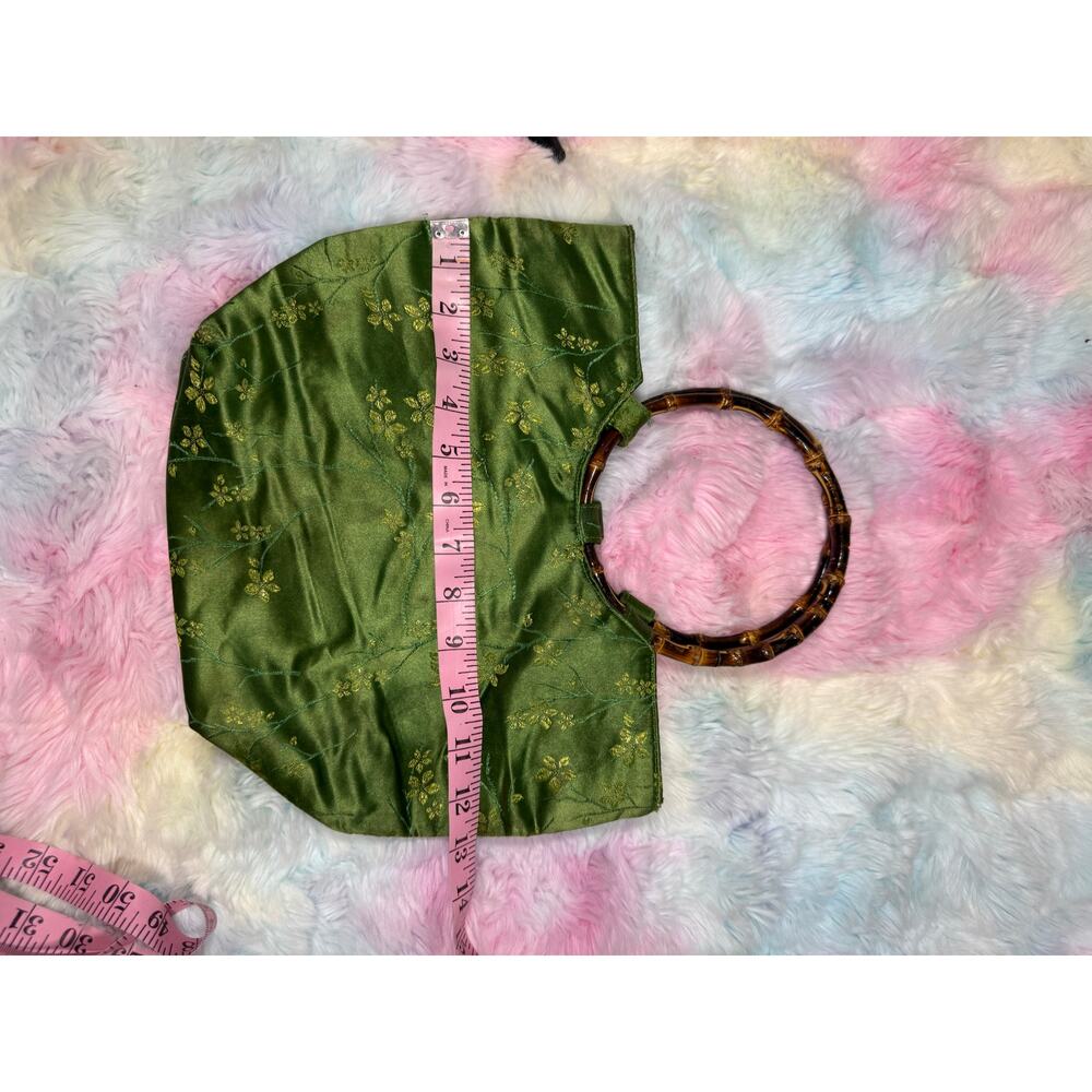 Vintage Green Satin Floral Bamboo Handle Bag Small Handbag - Picture 11 of 11
